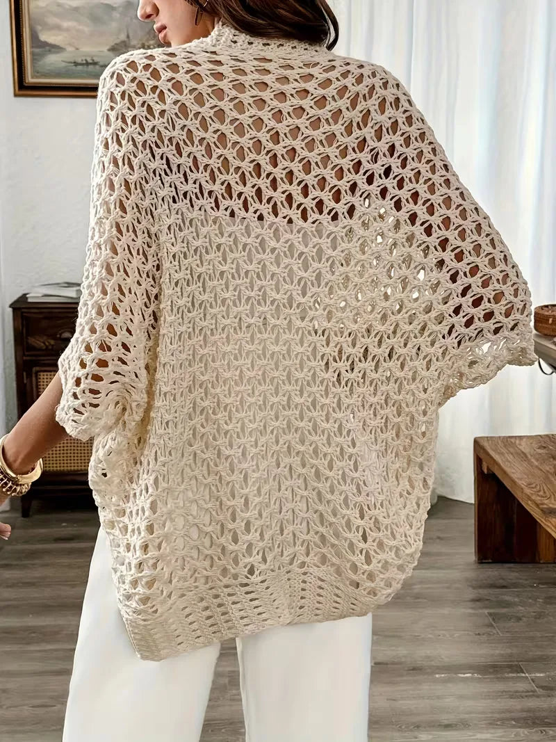 Cardigan Donna all'Uncinetto - Strato in Maglia Traforata Beige Chiaro