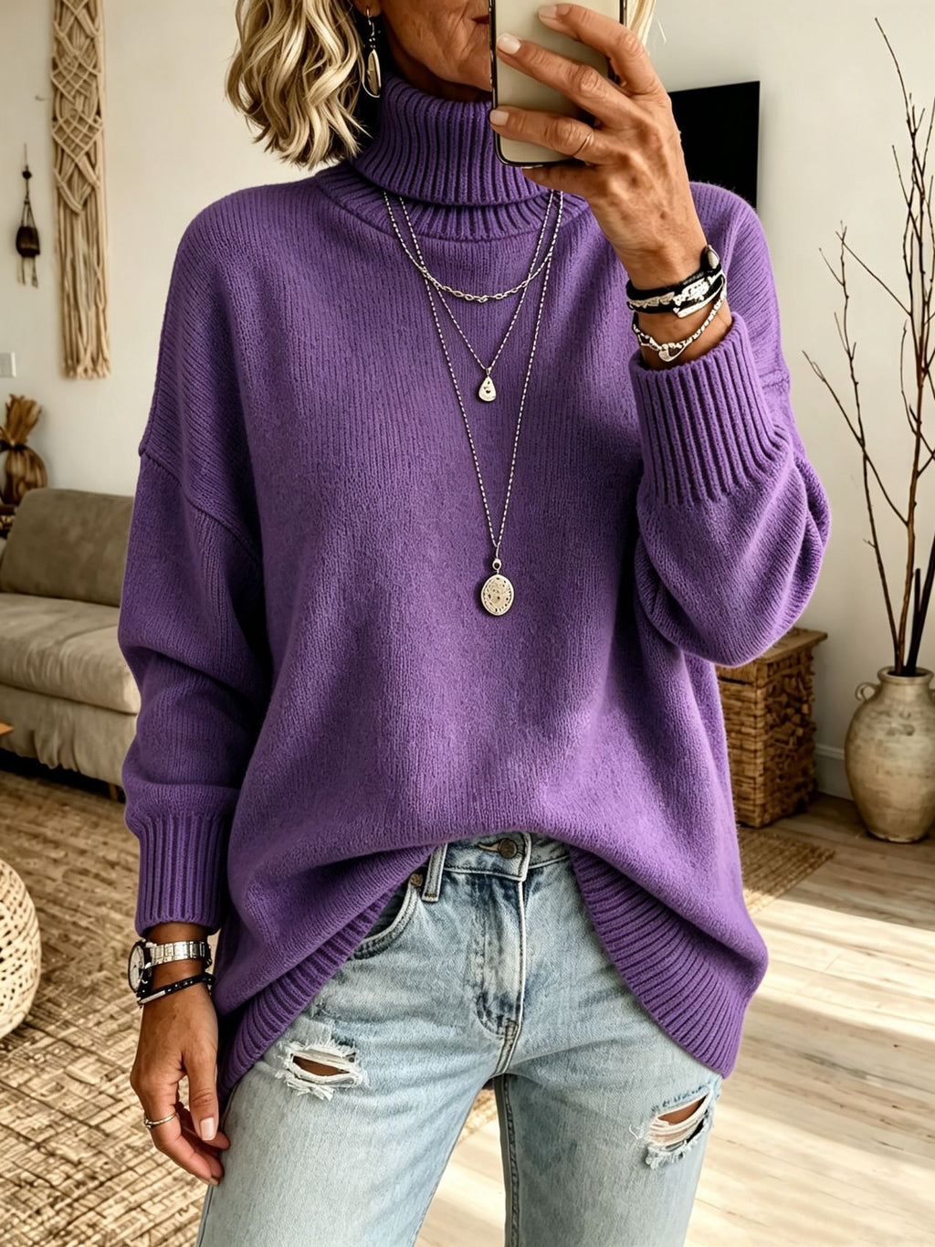 Pull femme ample à col roulé - Chaud et facile à porter
