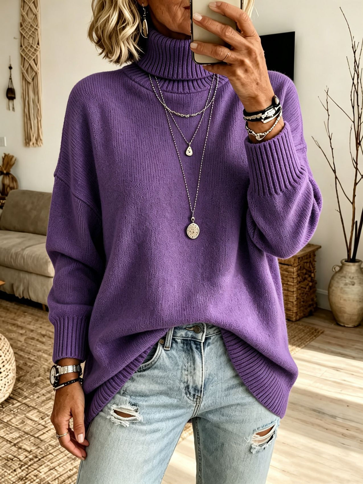 Pull femme ample à col roulé - Chaud et facile à porter