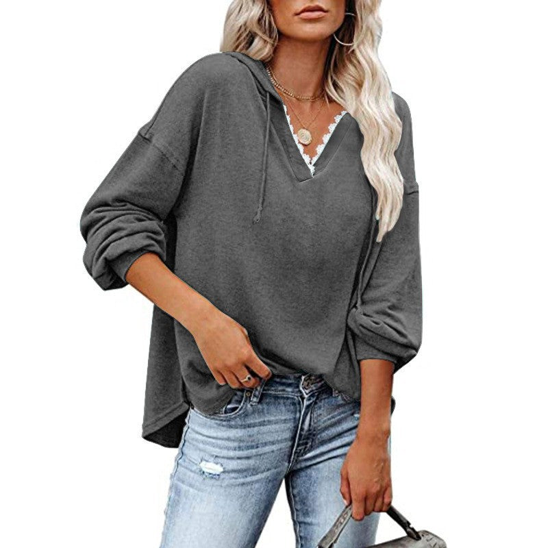 Felpa donna con cappuccio, pizzo e scollo a V a maniche lunghe