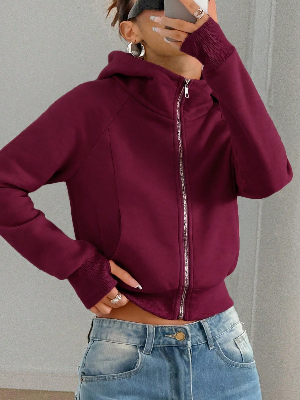 Sweat-shirt court à capuche pour femme, couleur unie – Décontracté et confortable