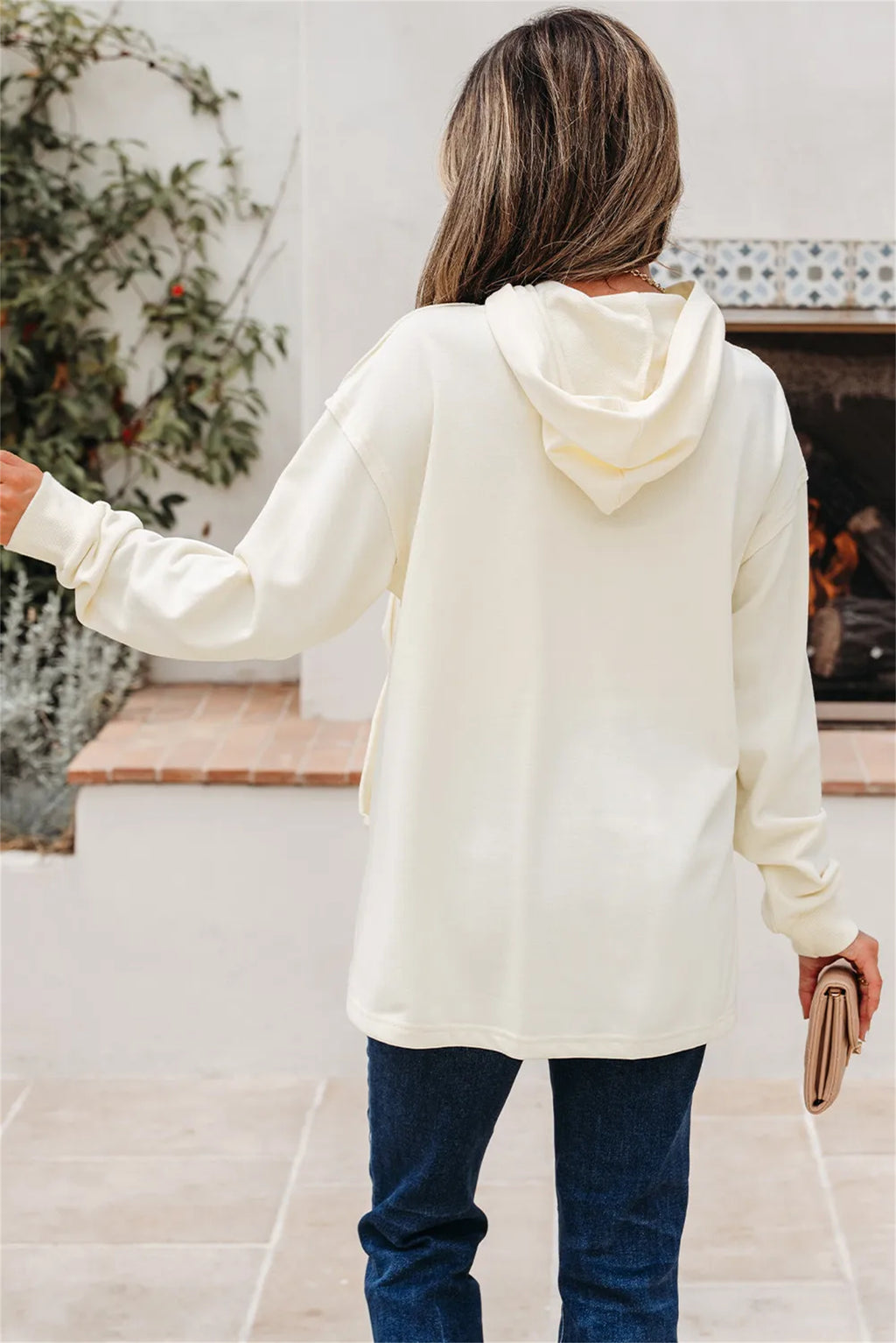 Felpa con cappuccio bianca da donna con fiocco – Felpa liscia morbida e larga