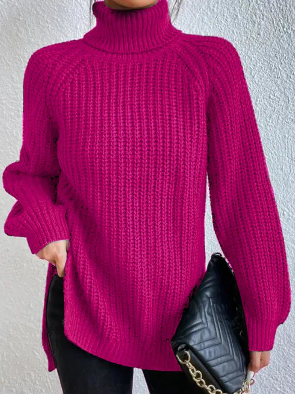 Maglione dolcevita da donna con maniche raglan e orlo spaccato