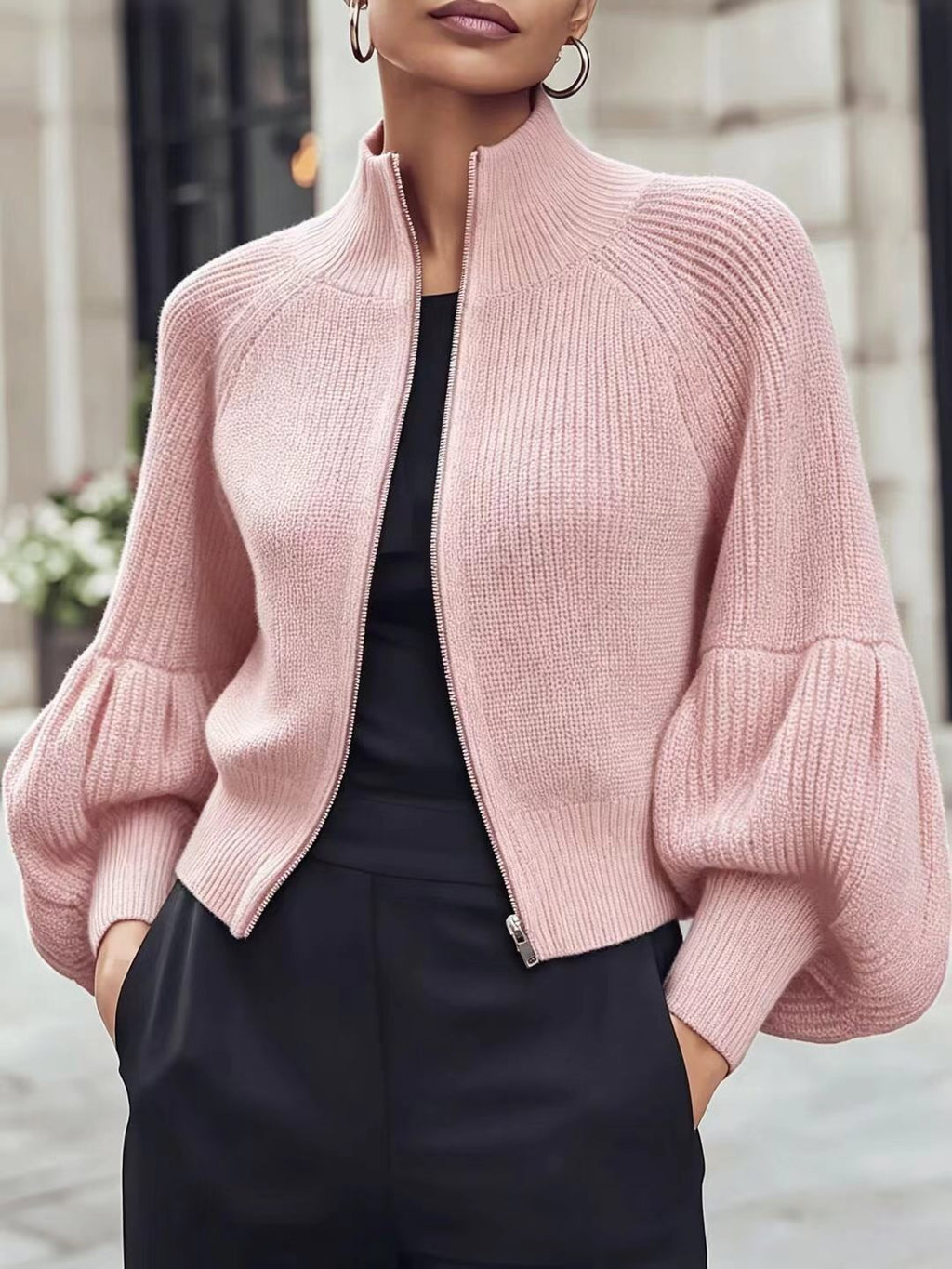 Women's soft lantern-sleeve sweater - Soft and textured