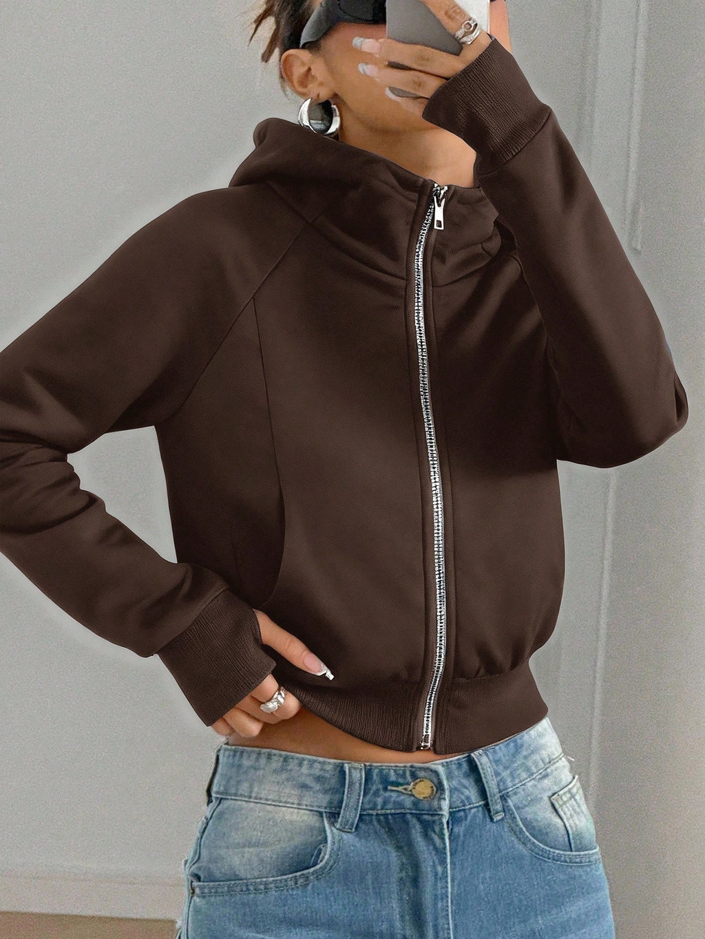 Sweat-shirt court à capuche pour femme, couleur unie – Décontracté et confortable