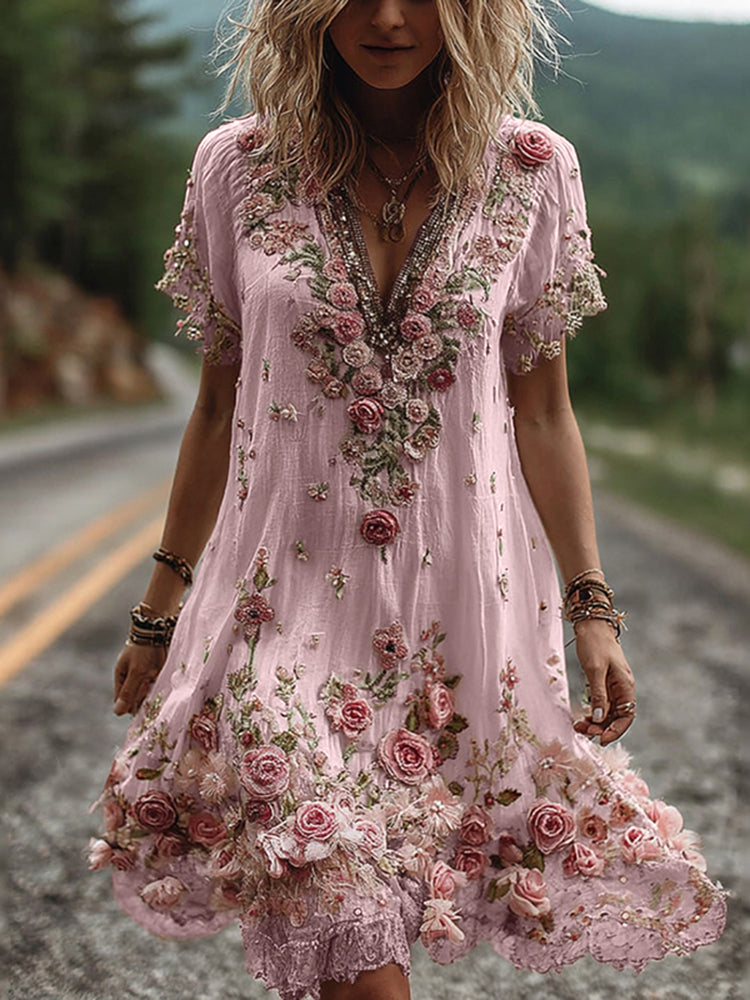 Abito Ricamato Floreale con Scollo a V – Eleganza Romantica e Stile Raffinato