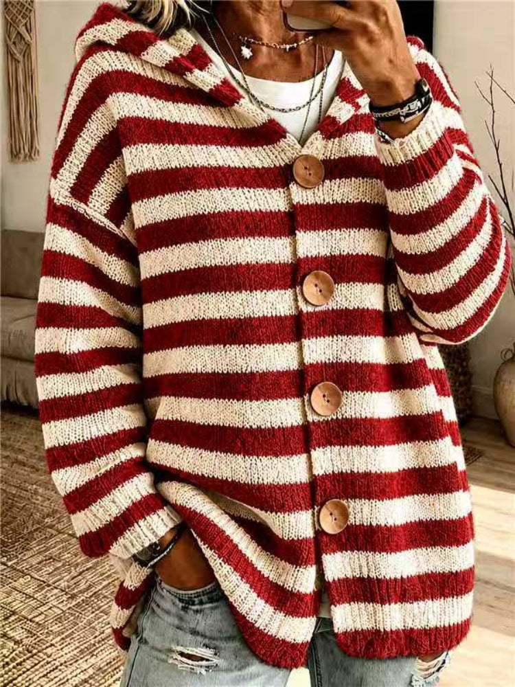 Cardigan femme rayé à capuche - Chaud et décontracté