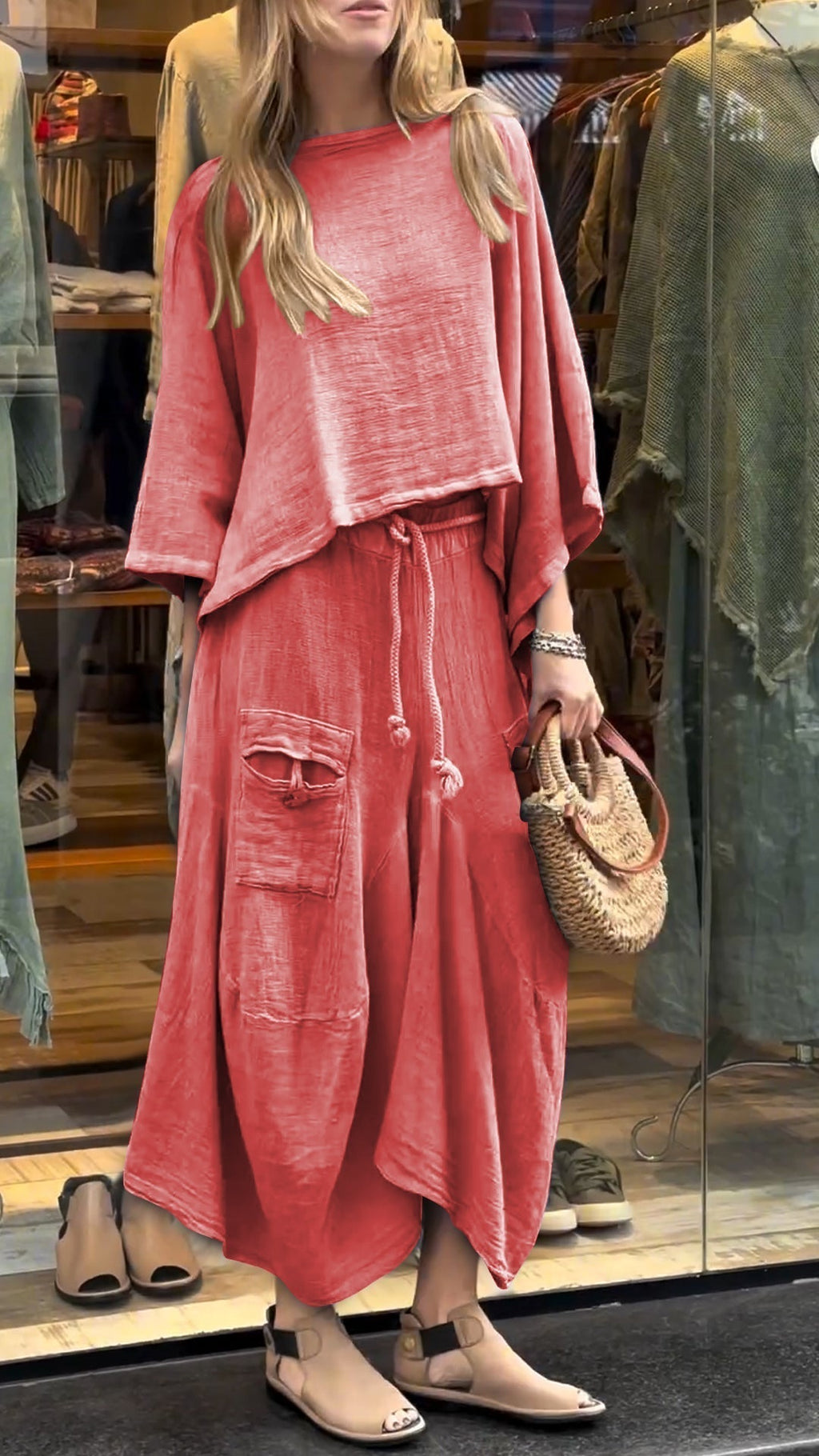 Completo da donna in 2 pezzi, vestibilità comoda: top a gamba larga e pantaloni fluidi con tasche