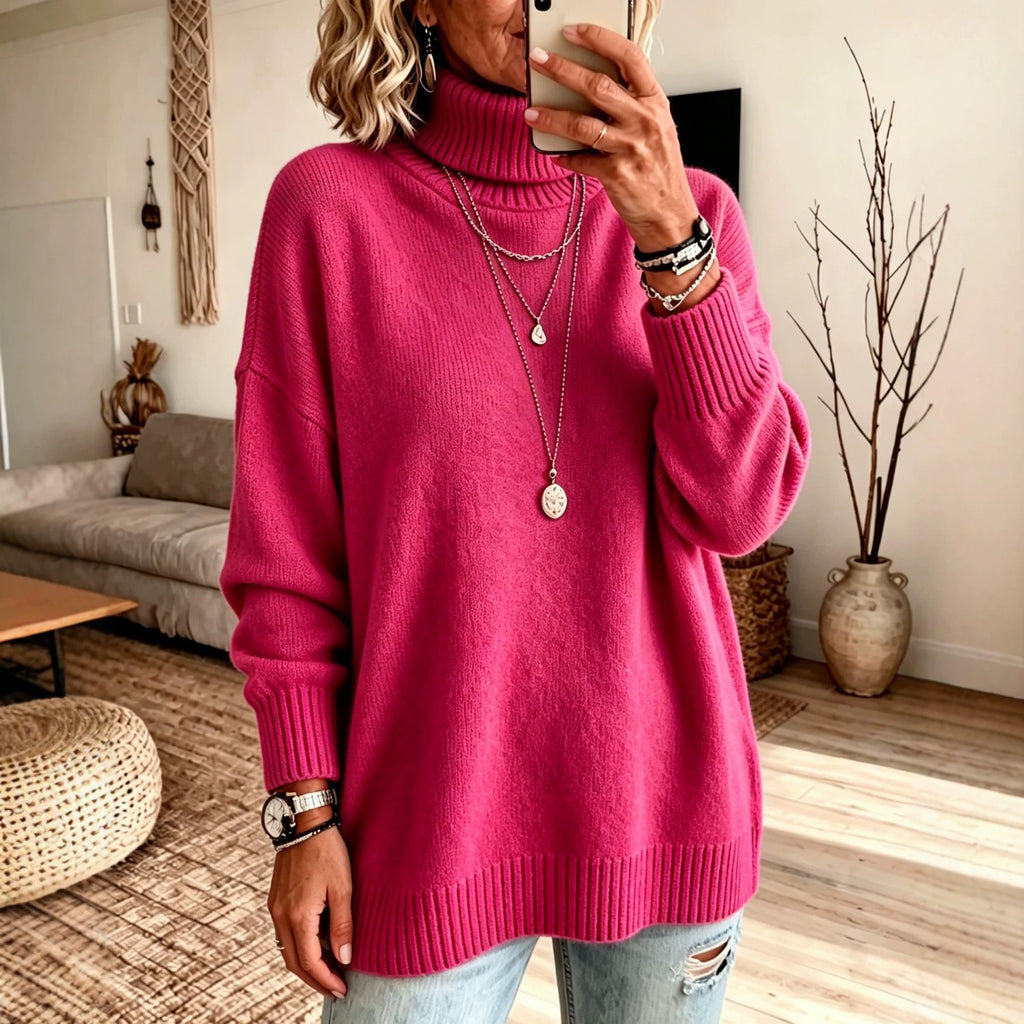 Pull femme ample à col roulé - Chaud et facile à porter