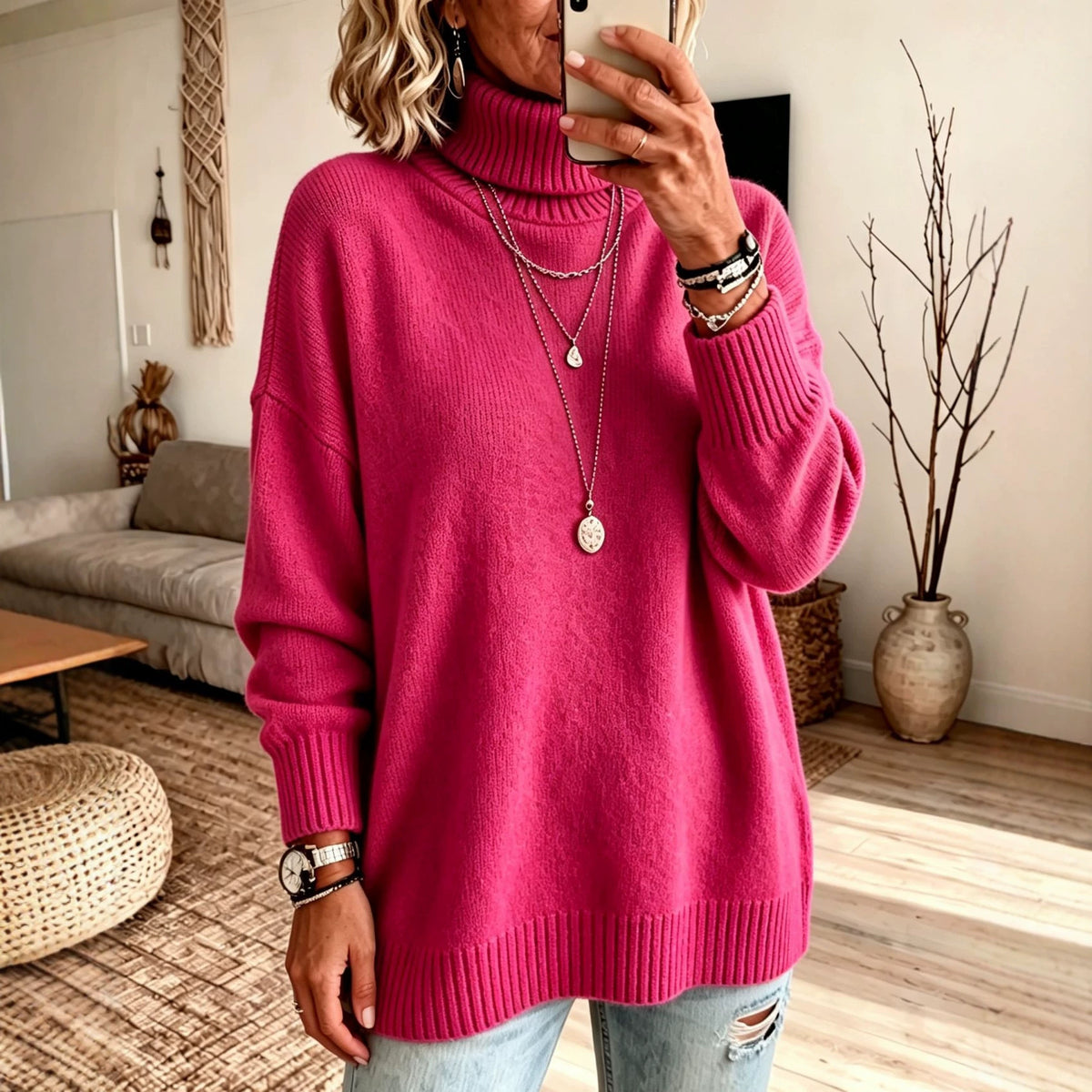 Pull femme ample à col roulé - Chaud et facile à porter