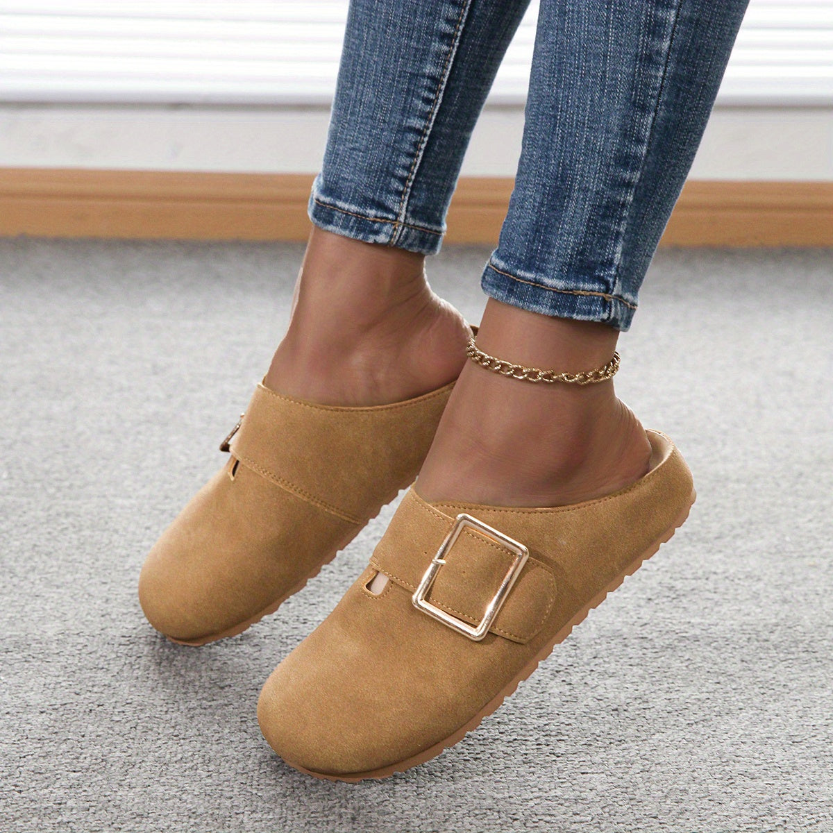 Women's slip-on mules - Comfortable fabric upper with metal buckle strap, soft PU insole, and durable PVC sole - Casual shoes for all seasons, easy to clean, stylish | Guaranteed comfort