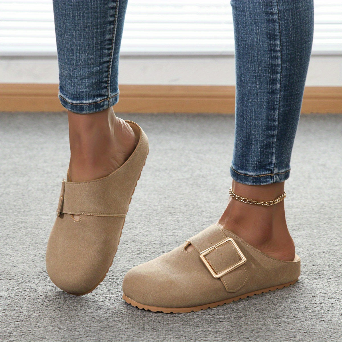 Women's slip-on mules - Comfortable fabric upper with metal buckle strap, soft PU insole, and durable PVC sole - Casual shoes for all seasons, easy to clean, stylish | Guaranteed comfort