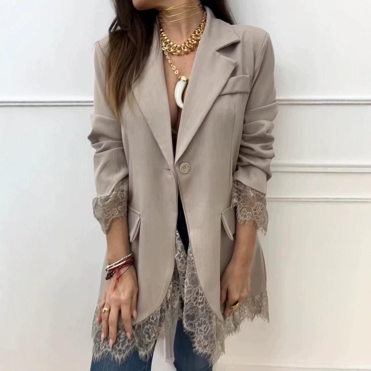 Blazer Donna con Collo a Rever e Pizzo – Vestibilità Slim Stile Elegante Patchwork