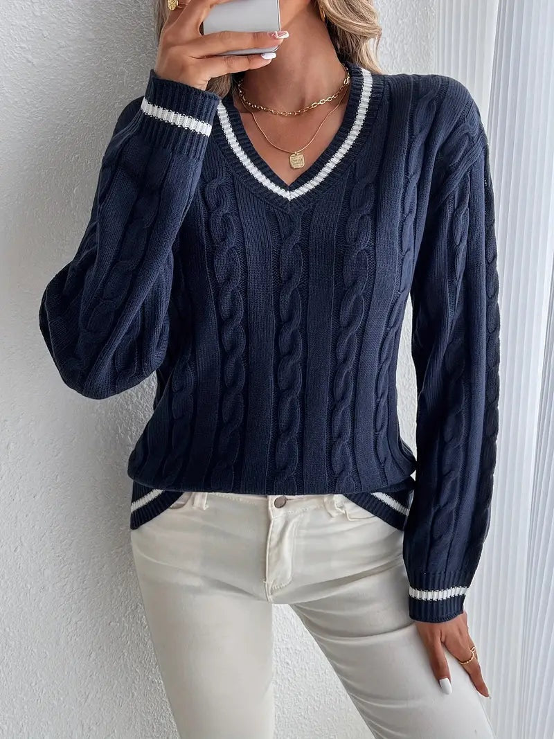 Maglione donna a trecce con righe e scollo V - Morbido e confortevole