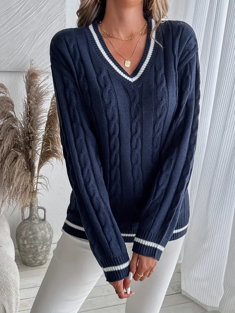 Maglione donna a trecce con righe e scollo V - Morbido e confortevole