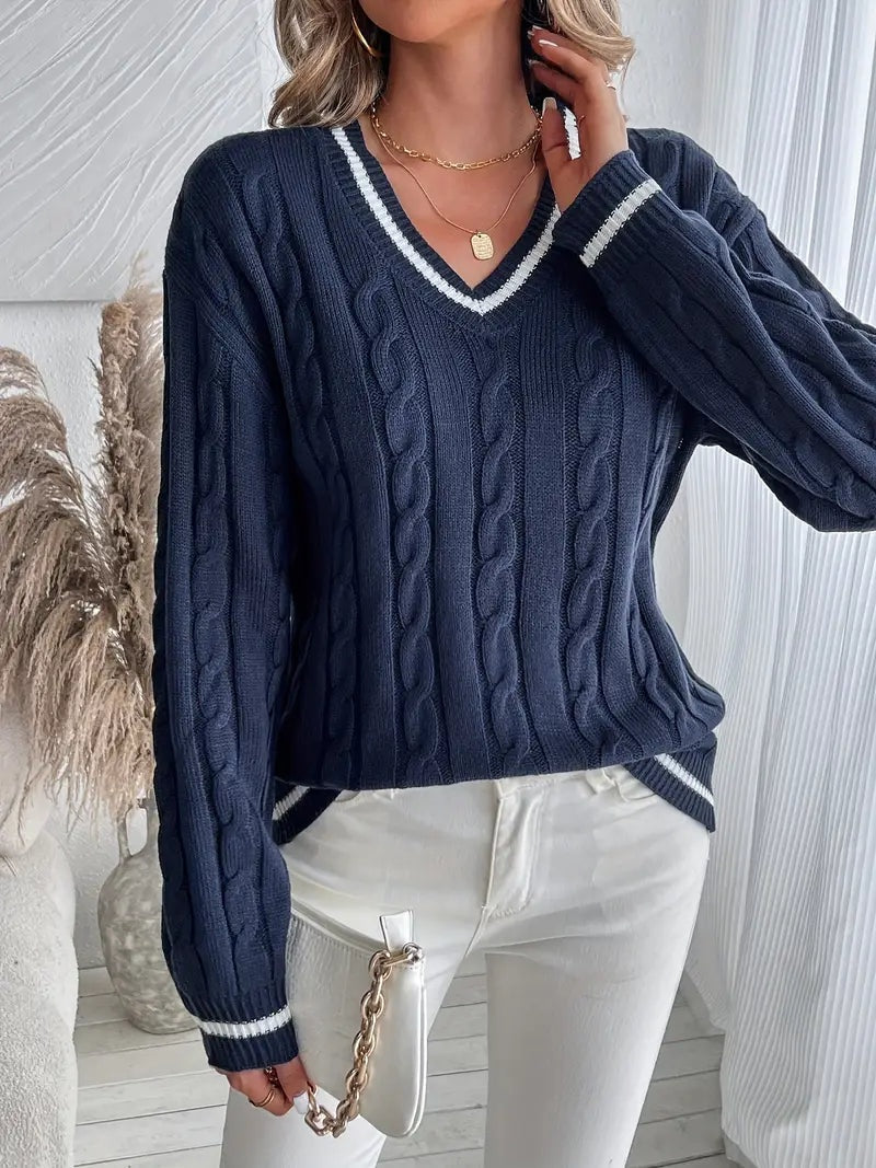 Maglione donna a trecce con righe e scollo V - Morbido e confortevole