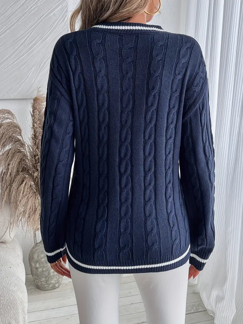 Maglione donna a trecce con righe e scollo V - Morbido e confortevole