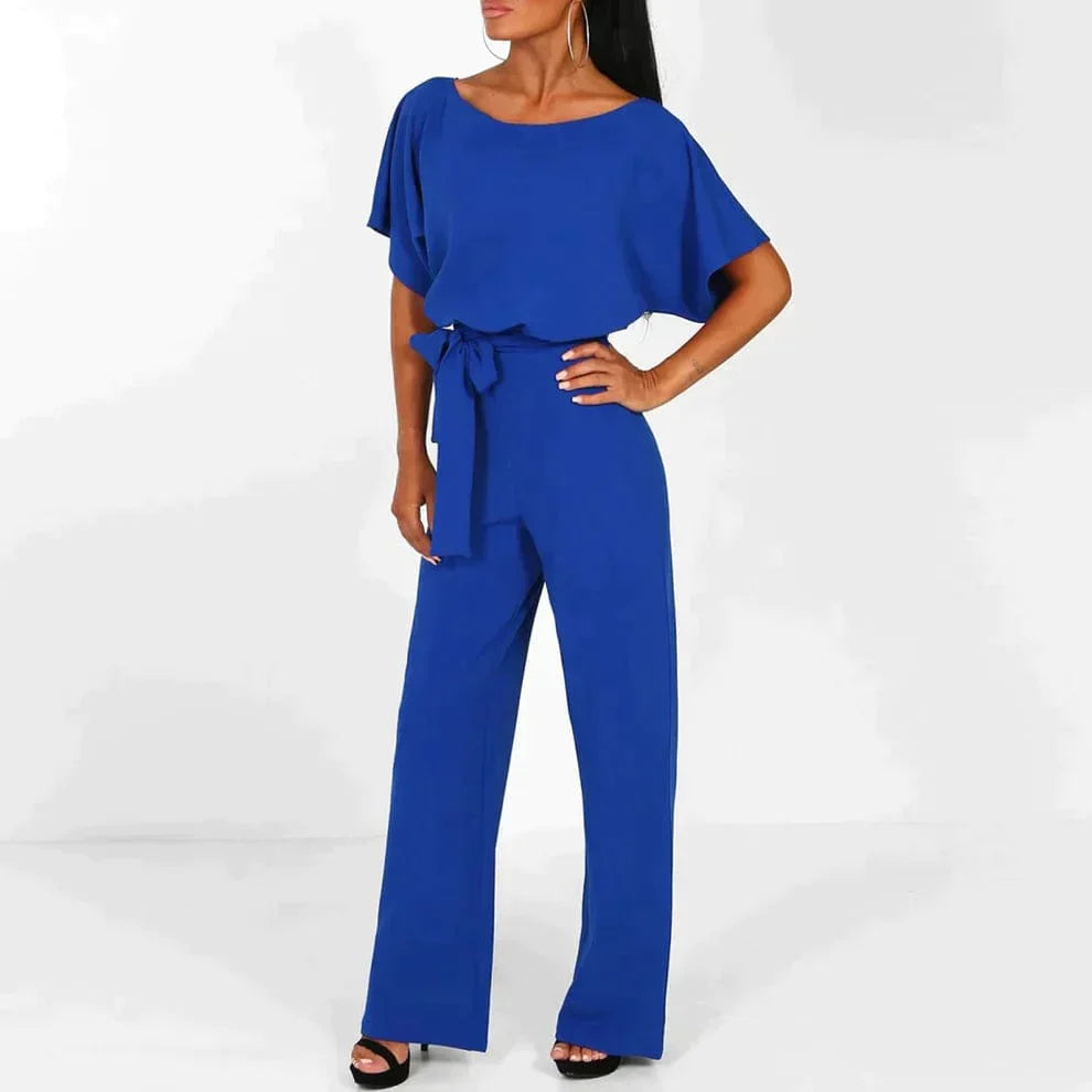 Tuta elegante da donna con cintura, manica corta, gamba larga - Completo intero leggero, elegante e lusinghiero