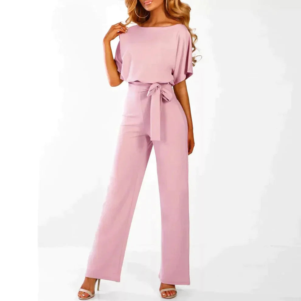 Tuta elegante da donna con cintura, manica corta, gamba larga - Completo intero leggero, elegante e lusinghiero