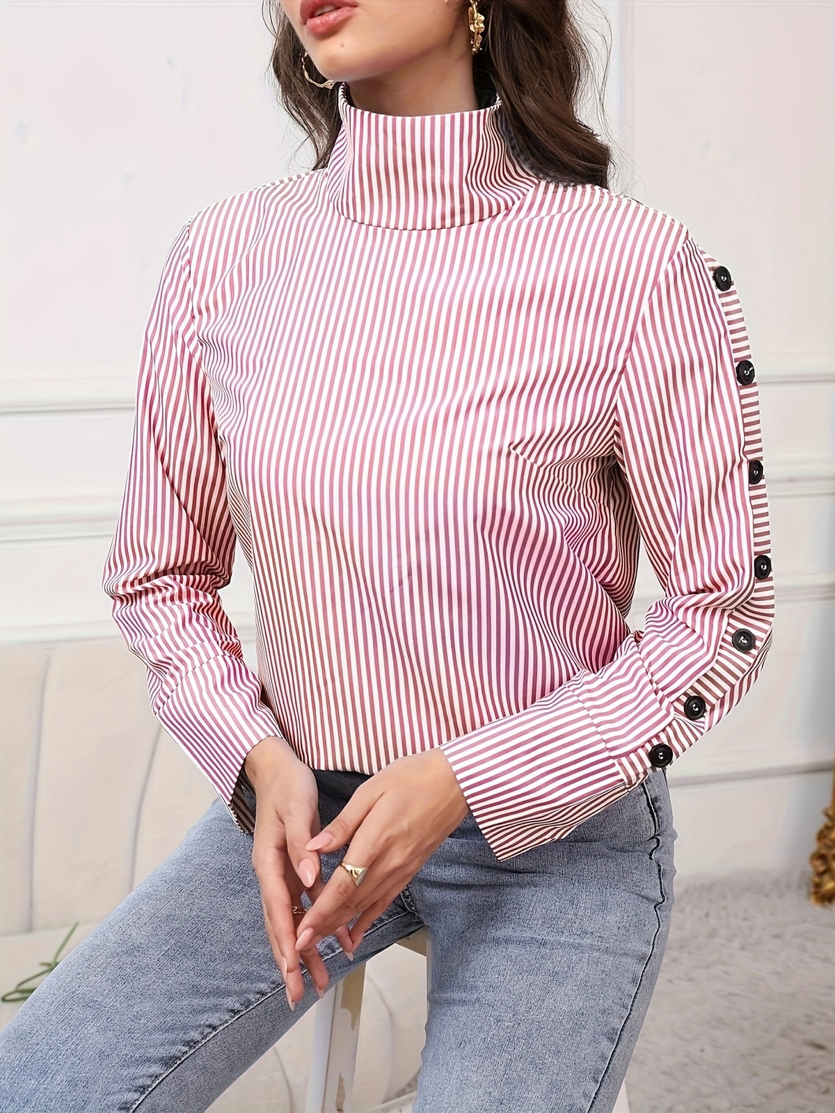 Women's striped satin turtleneck blouse - Soft and polished