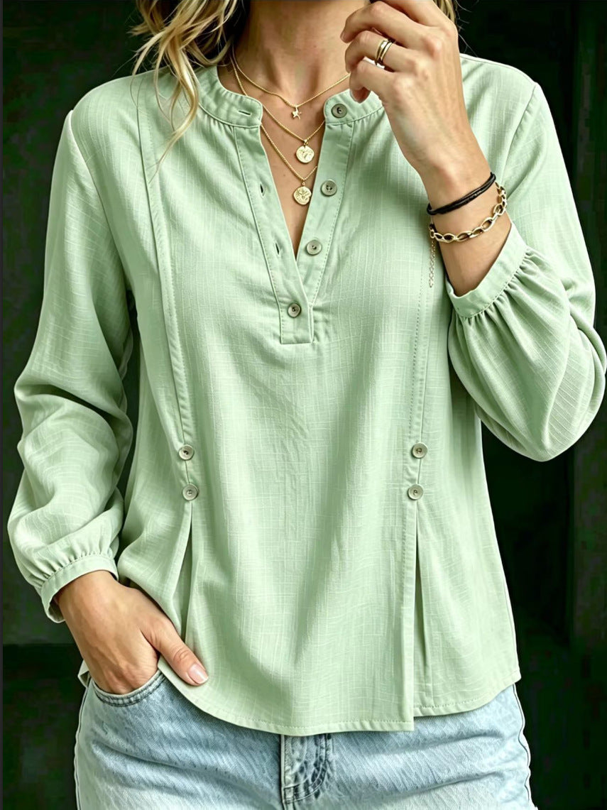 Camicia da donna in cotone e lino con collo alla mandarina – Modello casual estivo a maniche lunghe