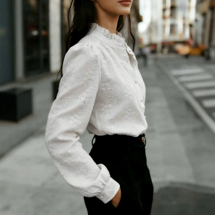 Women's jacquard blouse with a high neck - Flowing and refined