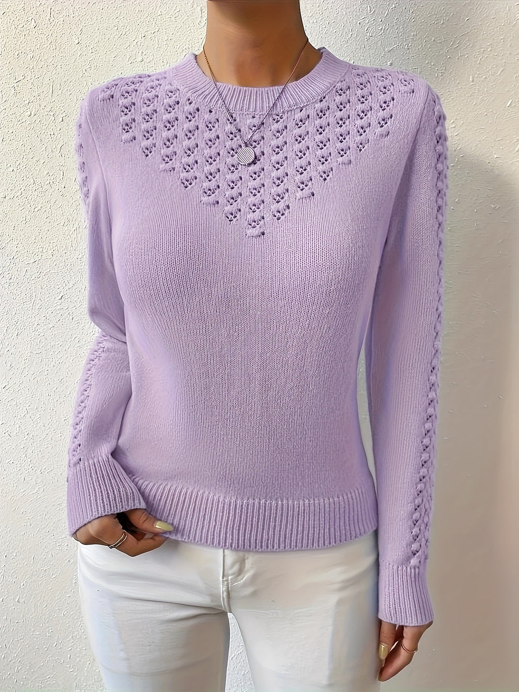 Women's openwork crew-neck sweater - Soft and elegant