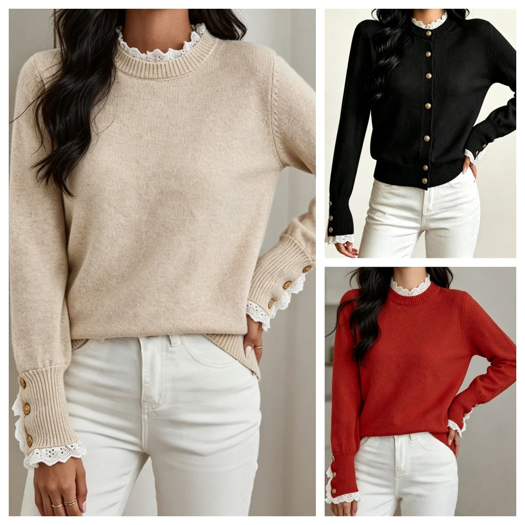 Maglione donna in maglia con pizzo e collo rotondo - Elegante e confortevole