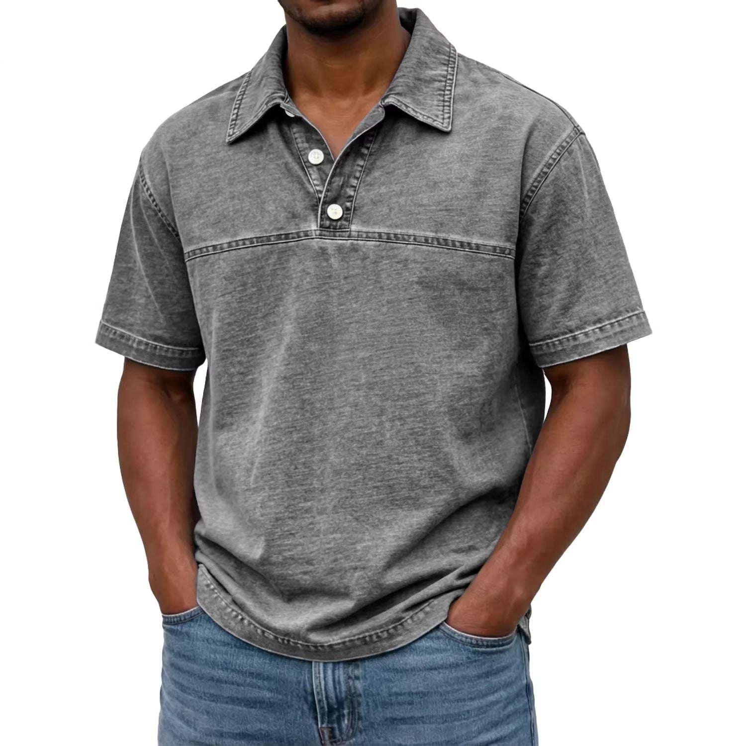 Elegant vintage solid-color polo for men – Short-sleeve knit shirt