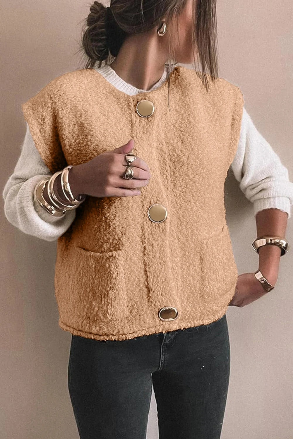 Gilet teddy beige premium da donna – Comodo gilet con bottoni