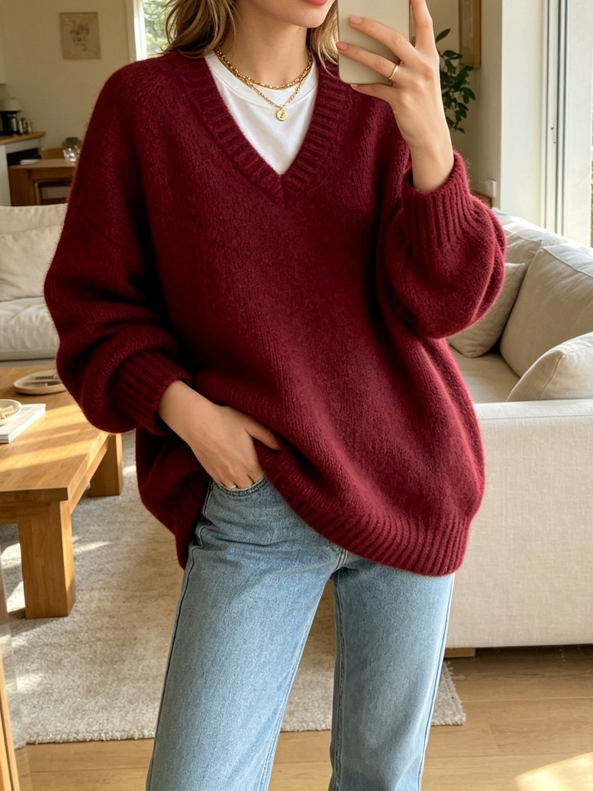Pull femme ample à col V - Doux et décontracté