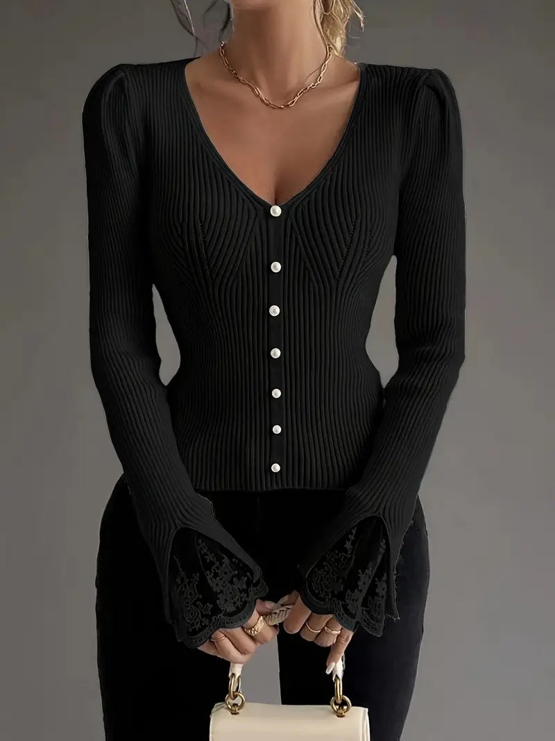 Maglione Donna a Coste con Scollo a V – Stile Casual Elegante e Confortevole