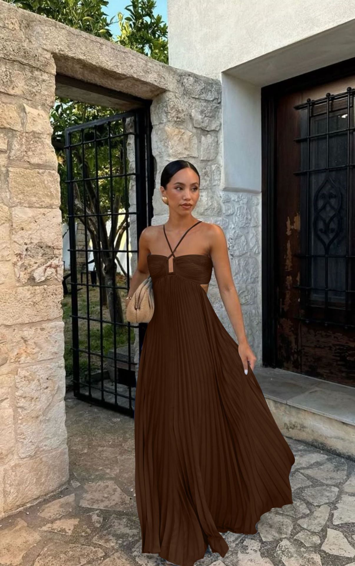 Abito donna plissettato senza maniche con collo halter - Elegante da sera
