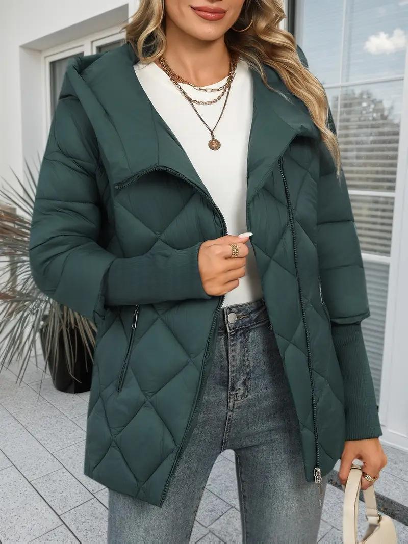 Giacca Puffer Donna con Cappuccio e Zip – Elegante Stile Patchwork Invernale