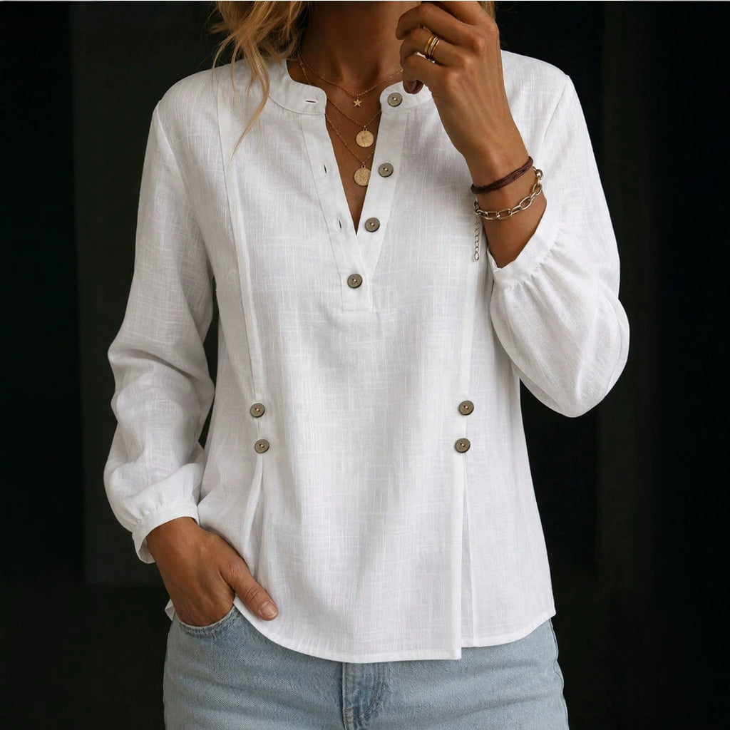 Camicia da donna in cotone e lino con collo alla mandarina – Modello casual estivo a maniche lunghe