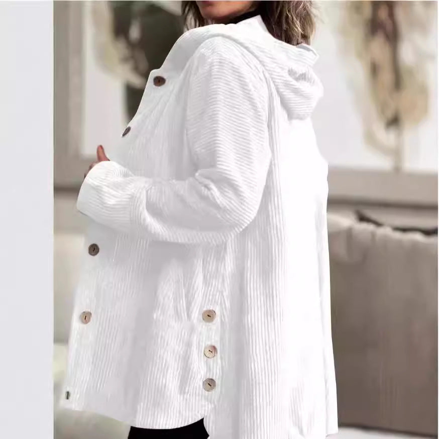 Elegante giacca con cappuccio in velluto a coste da donna – Maglione casual abbottonato di media lunghezza