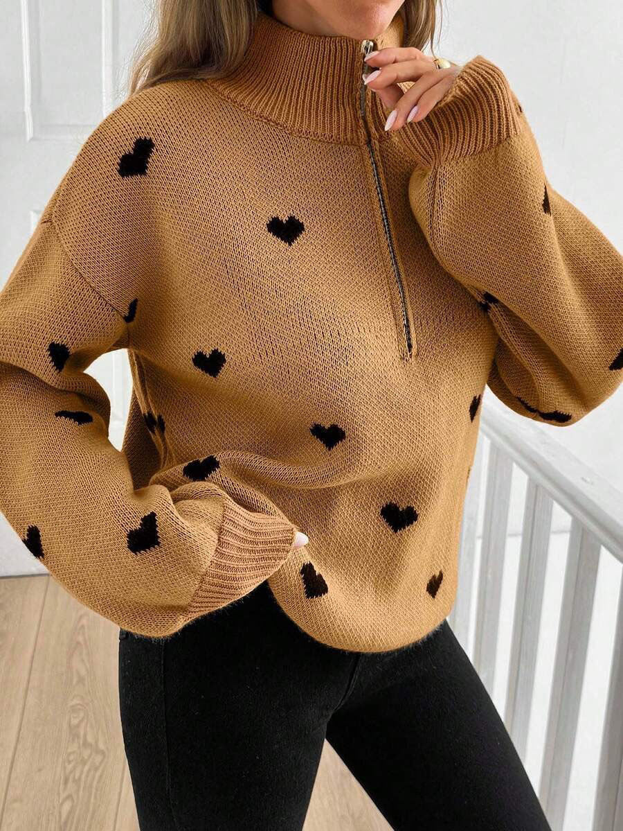 Maglione donna con zip e motivo cuore - Morbido e caldo