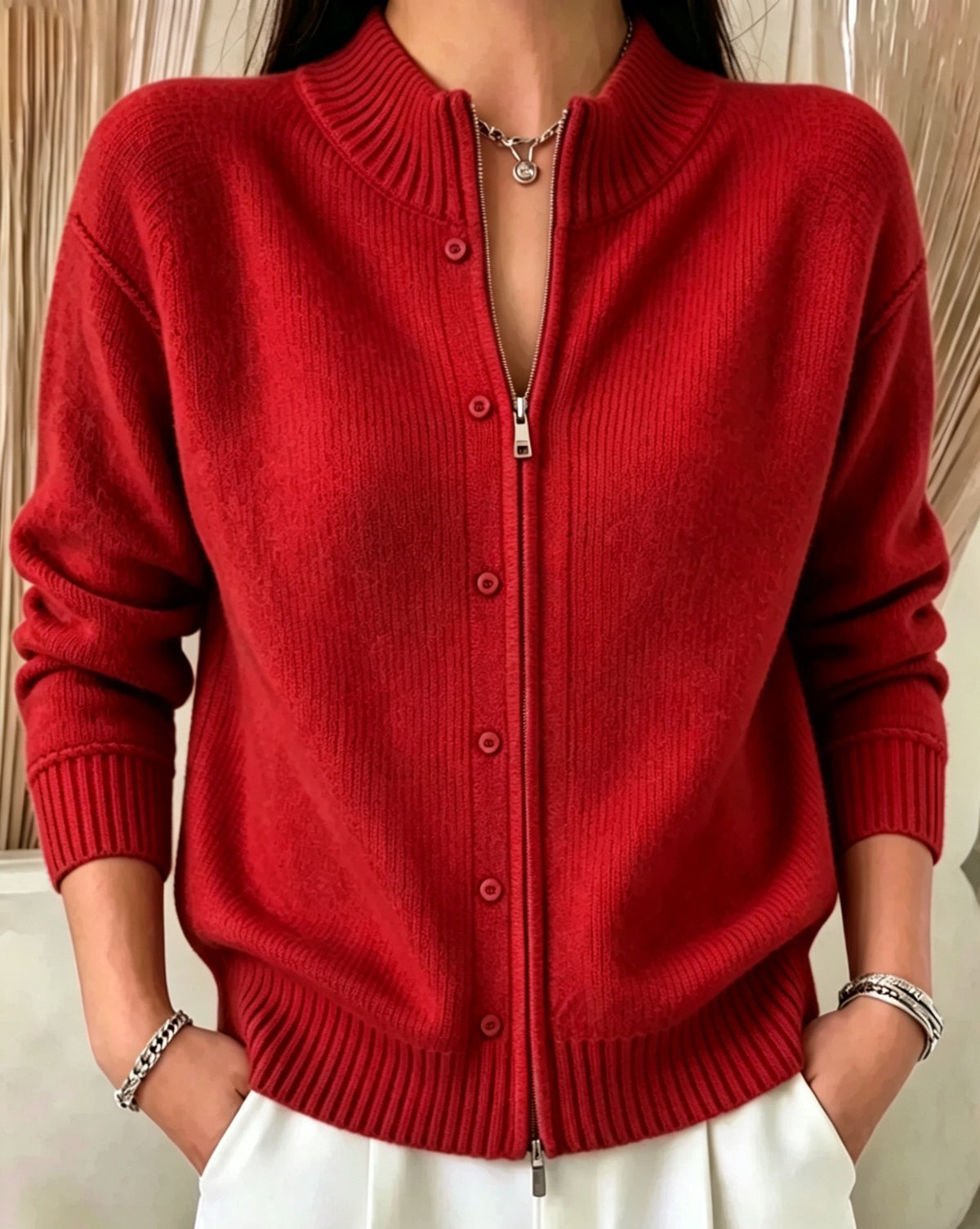 Suéter de mujer con cremallera y cuello redondo - Suave y práctico