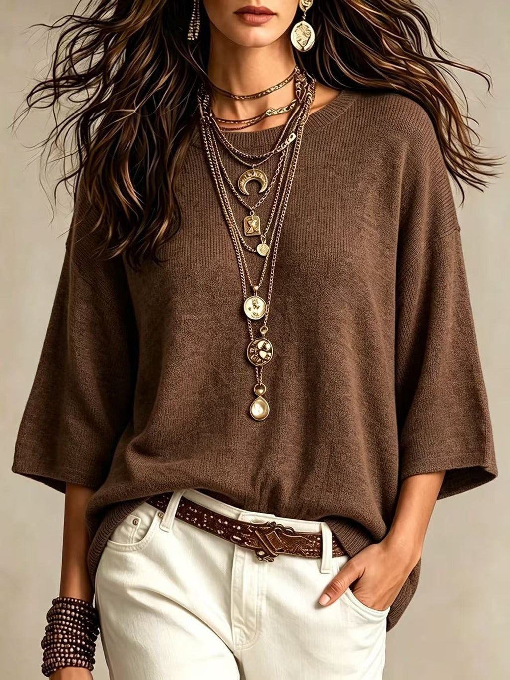 Maglione ampio da donna con maniche larghe e girocollo