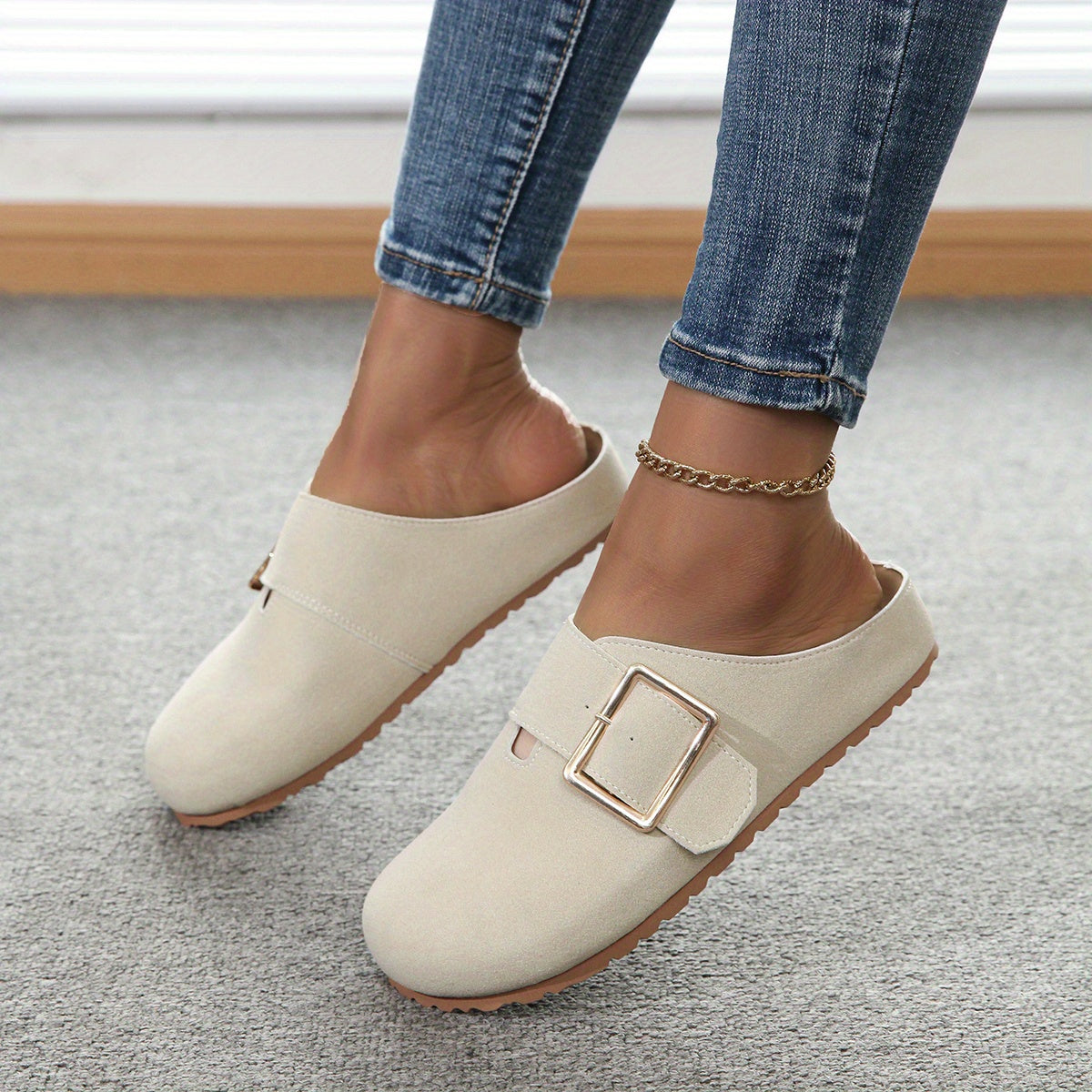 Women's slip-on mules - Comfortable fabric upper with metal buckle strap, soft PU insole, and durable PVC sole - Casual shoes for all seasons, easy to clean, stylish | Guaranteed comfort