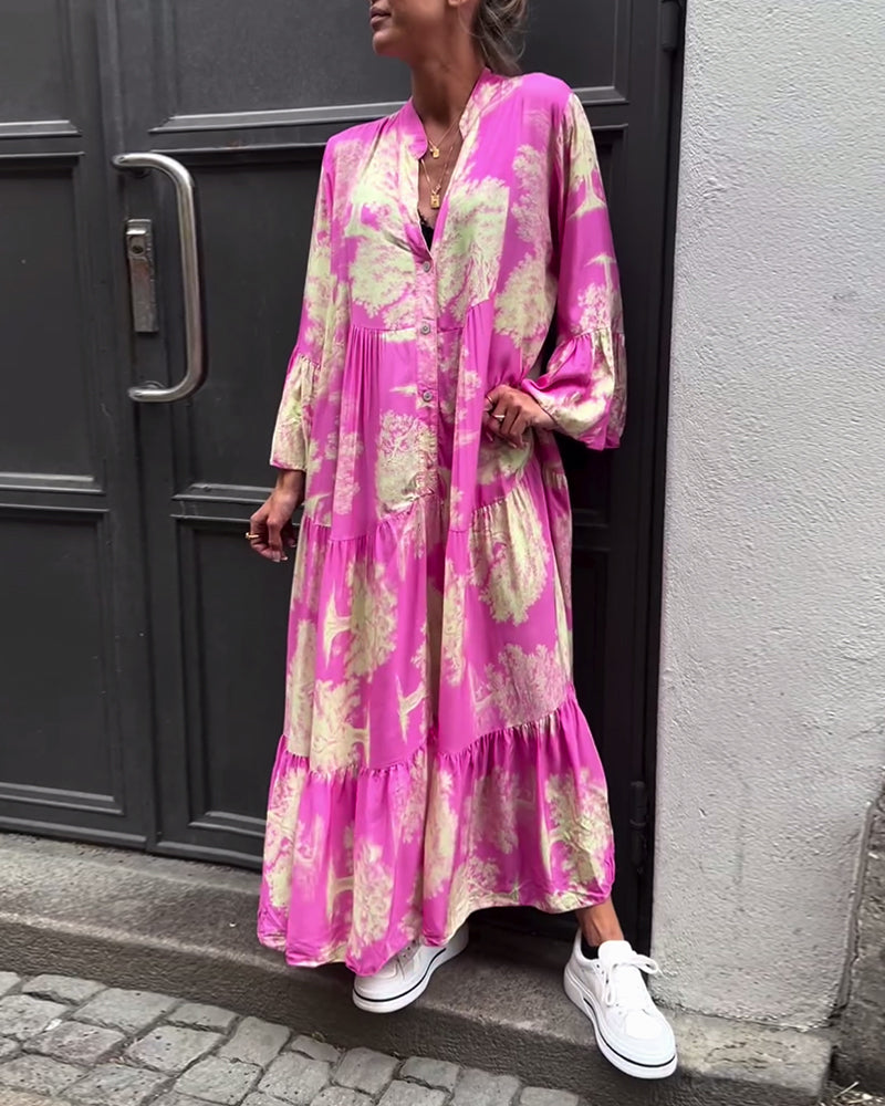 Elegante abito lungo stampato da donna – vestibilità ampia con maniche arricciate