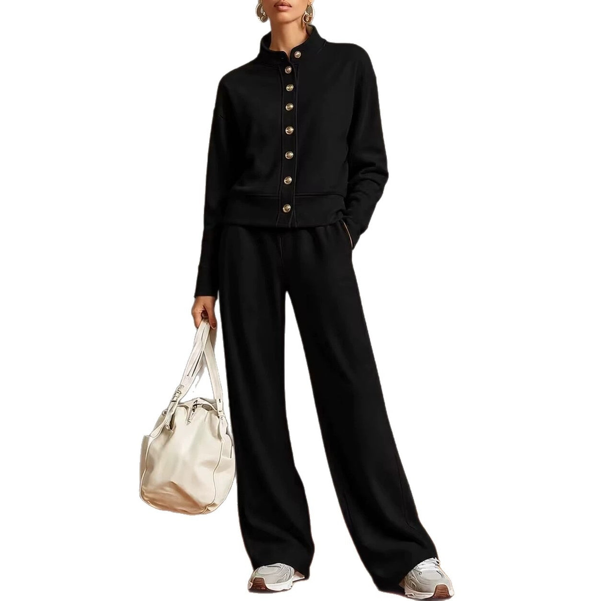 Ensemble cardigan à col montant et pantalon ample - Chic et confortable