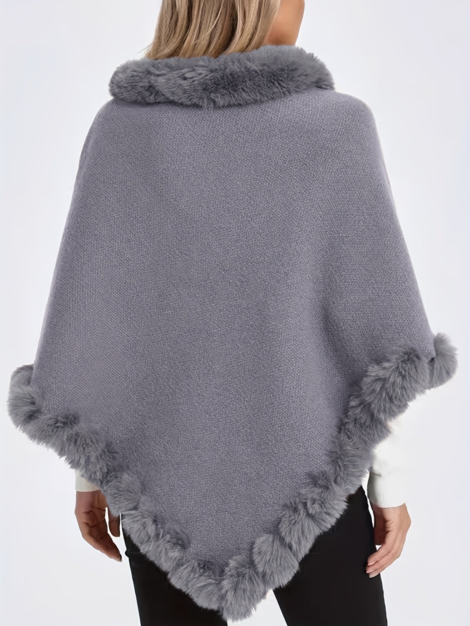 Elegante poncho lavorato a maglia da donna con bordo in pelliccia – Morbido mantello invernale in acrilico