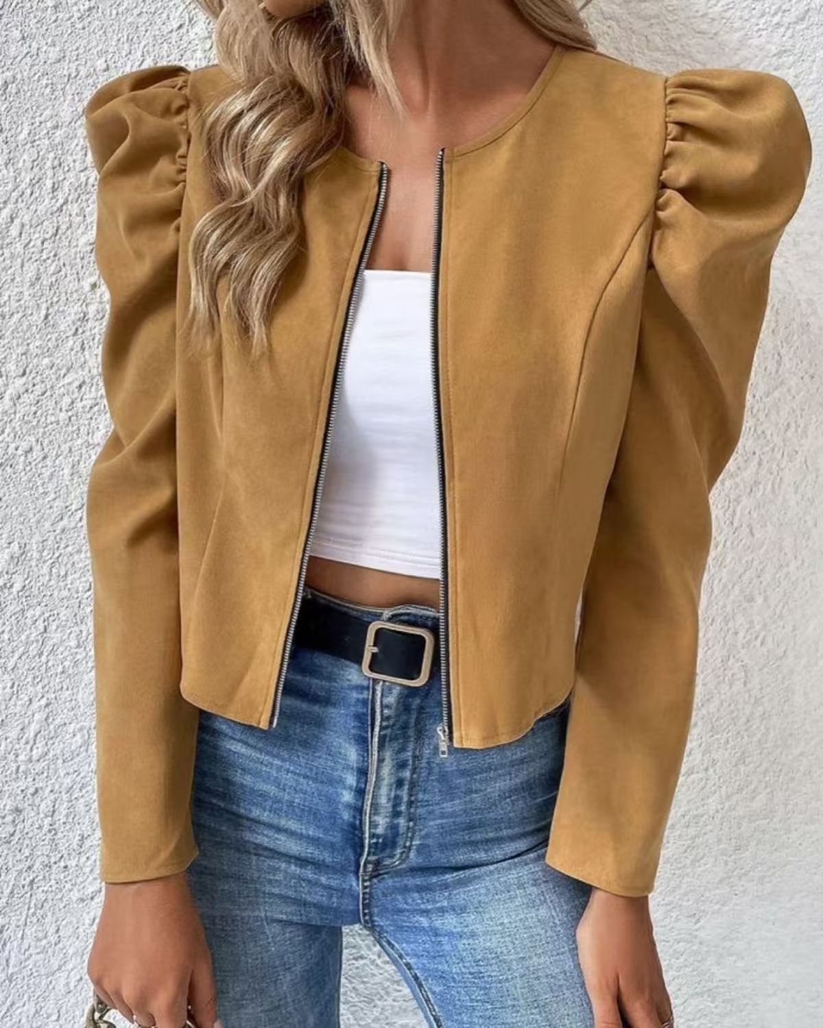 Cardigan da donna girocollo con zip e maniche a sbuffo