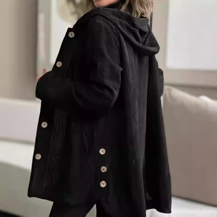 Elegante giacca con cappuccio in velluto a coste da donna – Maglione casual abbottonato di media lunghezza