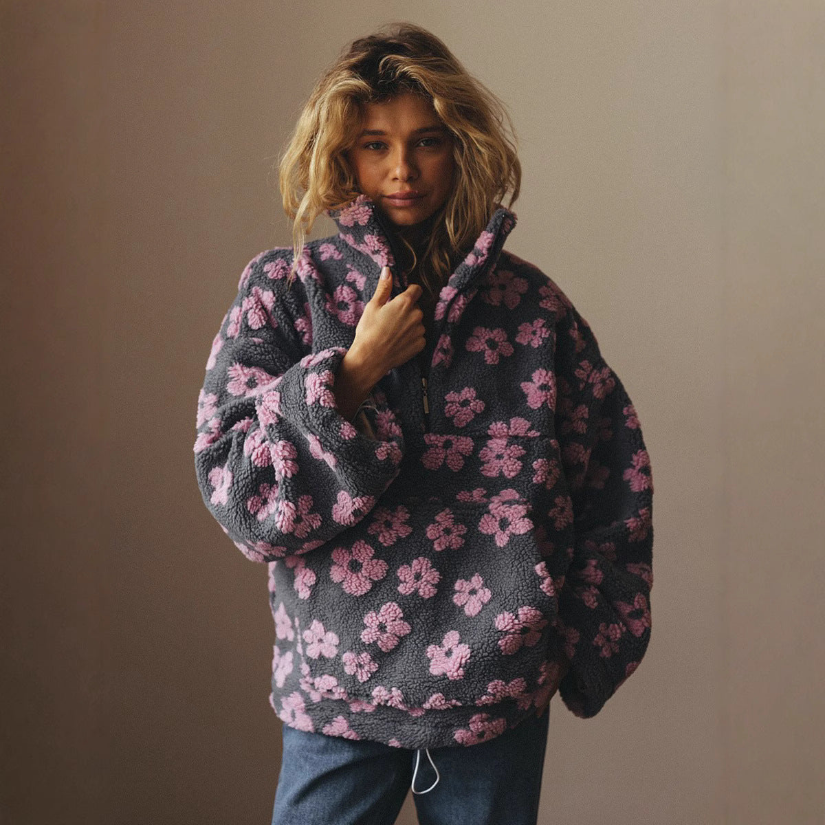 Felpa in pile da donna – Pullover casual con cerniera e tasca