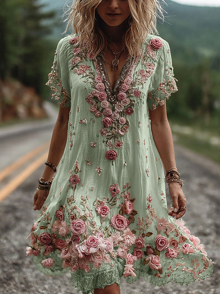 Abito Ricamato Floreale con Scollo a V – Eleganza Romantica e Stile Raffinato