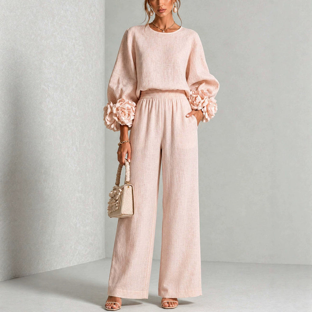 Ensemble femme avec top à poignets fleuris et pantalon ample – Élégant et décontracté