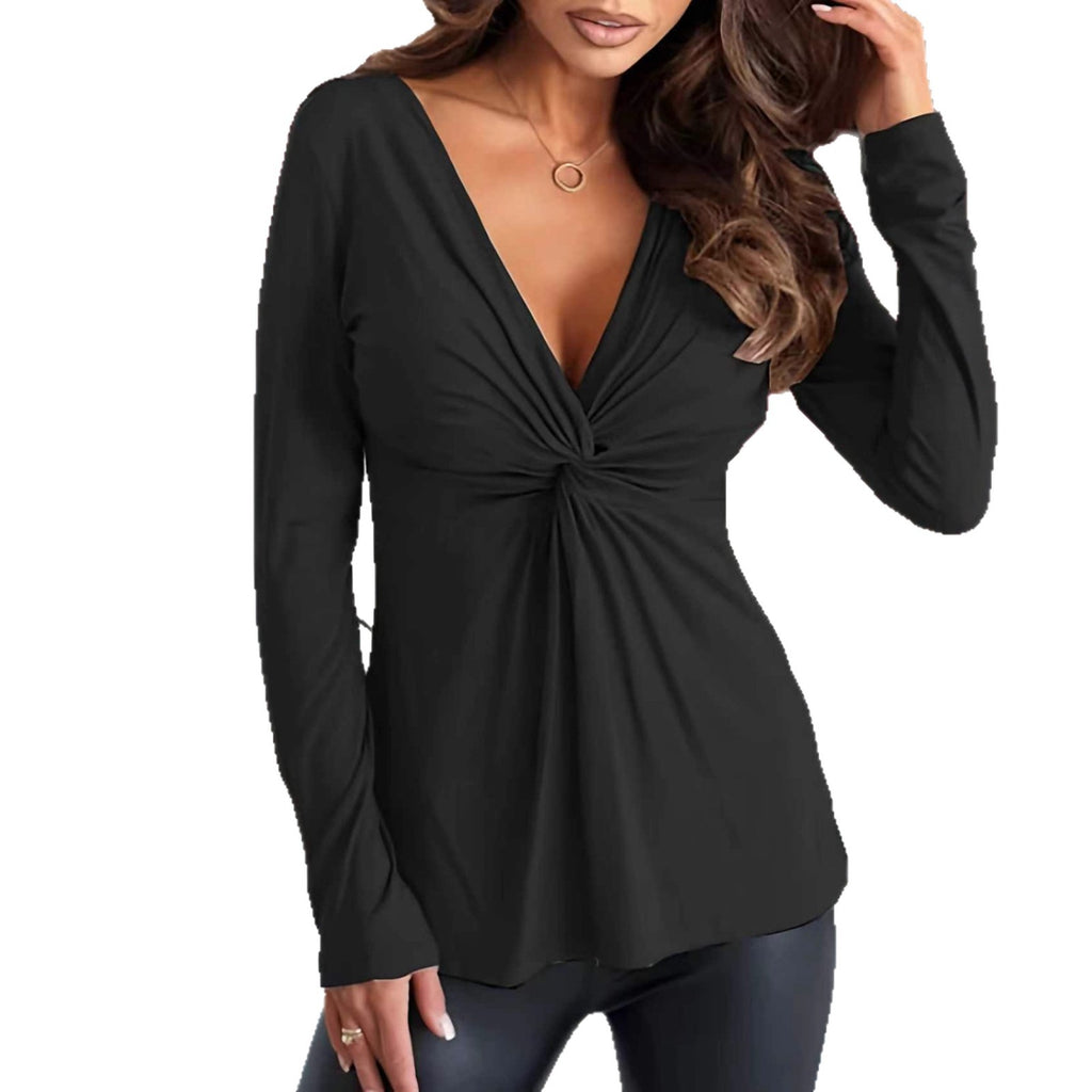 Solid-color women's top with long sleeves, a V-neck, and pleats – Fluid and elegant