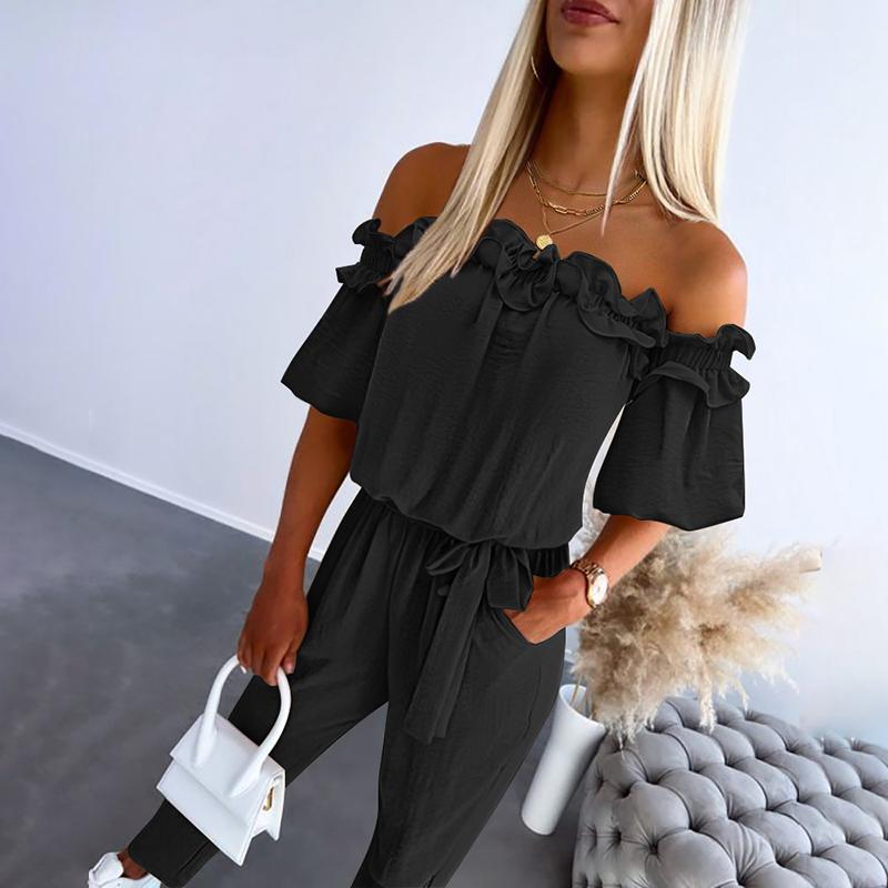 Tuta donna monospalla – Jumpsuit con volant e cintura in vita stile chic